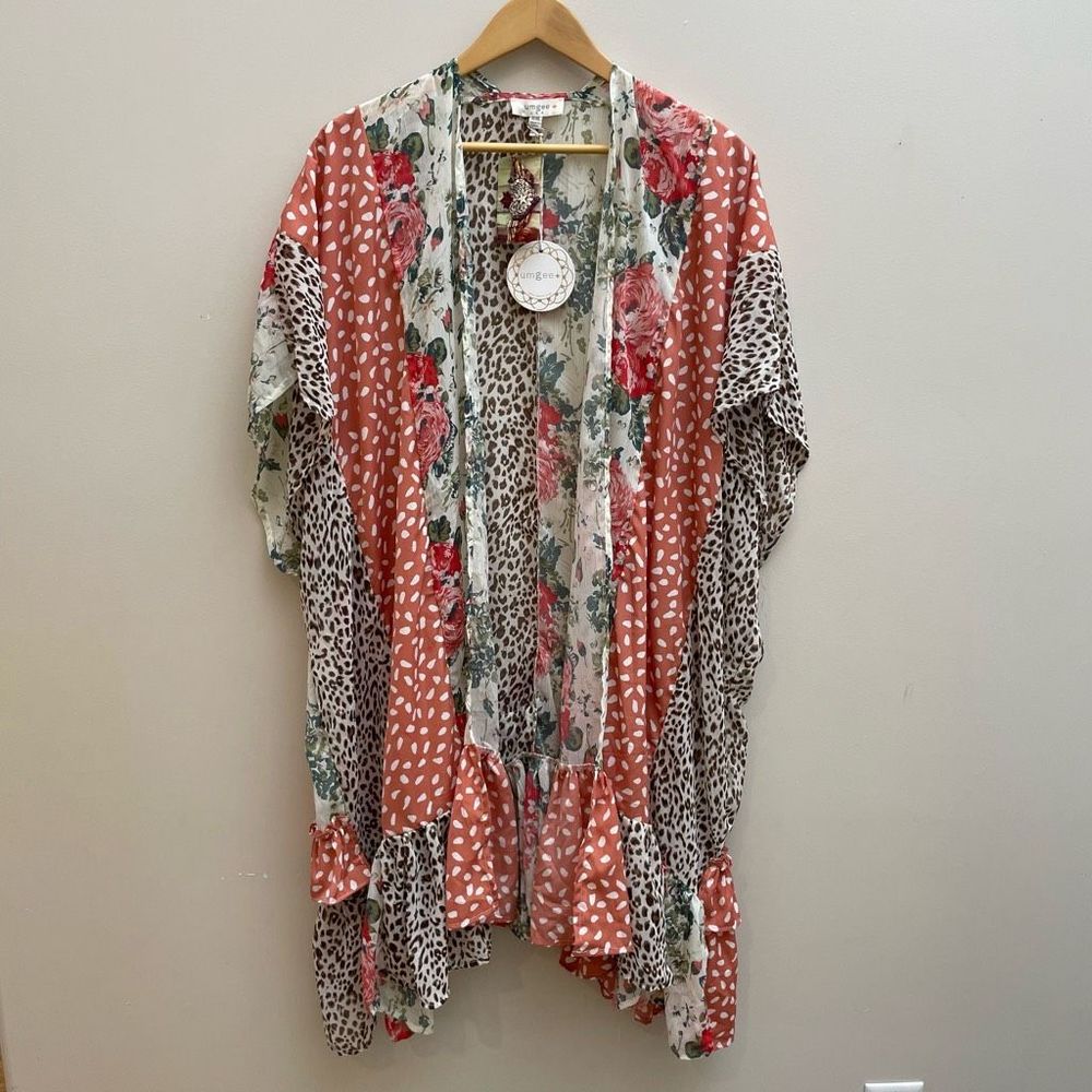 Umgee Plus Womens Size XL/1X Open Front Cardigan Kimono Animal Floral Ruffle